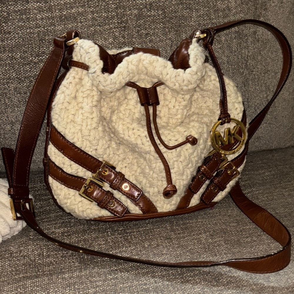 Michael Kors Cream and Brown Crossbody Bag with Leather Accents